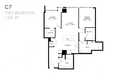 Floor plan for 2 beds, 2 baths, 1241 sqft